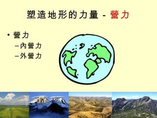 塑造地形的力量－ 營力 營力 內營力 外營力 