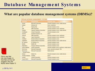 Database Management Systems What are popular database management systems (DBMSs)? p. 526 Fig. 10-11 Next Click to view Web  Link, click Chapter 10,  Click Web Link from left  navigation, then click  MySQL below Chapter 10 