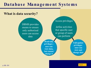 Database Management Systems What is data security? p. 530 - 531 Read-only privileges - user can view data, but cannot change it DBMS provides means to ensure only authorized users can access data Access privileges   define activities that specific user or group of users can perform Full-update privileges  -user can view and change data Next 