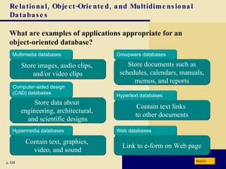 Relational, Object-Oriented, and Multidimensional Databases What are examples of applications appropriate for an  object-oriented database? p. 534 Next Multimedia databases Store images, audio clips,  and/or video clips Groupware databases Store documents such as schedules, calendars, manuals, memos, and reports Computer-aided design  (CAD) databases Store data about  engineering, architectural,  and scientific designs Hypertext databases Contain text links  to other documents Hypermedia databases Contain text, graphics,  video, and sound Web databases Link to e-form on Web page 