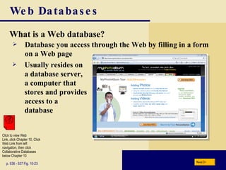 Web Databases What is a Web database? p. 536 - 537 Fig. 10-23 Database you access through the Web by filling in a form on a Web page Usually resides on a database server, a computer that stores and provides access to a database Next Click to view Web  Link, click Chapter 10, Click  Web Link from left  navigation, then click  Collaborative Databases below Chapter 10 