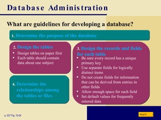 Database Administration What are guidelines for developing a database? 1.  Determine the purpose of the database 4.  Determine the relationships among  the tables or files Design tables on paper first Each table should contain  data about one subject p. 537 Fig. 10-24 Be sure every record has a unique  primary key Use separate fields for logically  distinct items Do not create fields for information  that can be derived from entries in  other fields Allow enough space for each field Set default values for frequently  entered data 3.   Design the records and fields for each table 2.  Design the tables Next 