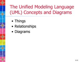 The Unified Modeling Language
(UML) Concepts and Diagrams
• Things
• Relationships
• Diagrams




                                10-20
 