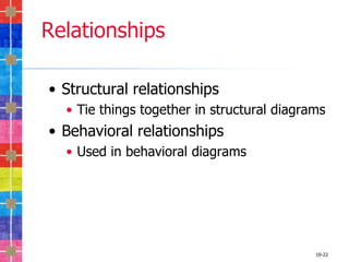 Relationships

• Structural relationships
  • Tie things together in structural diagrams
• Behavioral relationships
  • Used in behavioral diagrams




                                            10-22
 