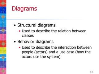 Diagrams

• Structural diagrams
  • Used to describe the relation between
    classes
• Behavior diagrams
  • Used to describe the interaction between
    people (actors) and a use case (how the
    actors use the system)


                                            10-23
 
