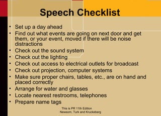 Speech Checklist
• Set up a day ahead
• Find out what events are going on next door and get
  them, or your event, moved i...