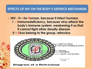 EFFECTS OF HIV ON THE BODY’S DEFENCE MECHANISM
- HIV : H – for Human, because it infect humans
I - Immunodeficiency, because virus attack the
body’s immune system, weakening it so that
it cannot fight other deadly disease
V – Virus belong to the group, retrovirus
 