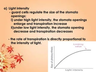 a) Light intensity
- guard cells regulate the size of the stomata
openings:
i) under high light intensity, the stomata openings
enlarge and transpiration increase
ii)under low light intensity, the stomata opening
decrease and transpiration decreases
- the rate of transpiration is directly proportional to
the intensity of light.
 