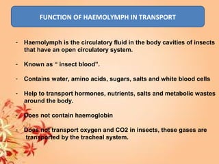FUNCTION OF HAEMOLYMPH IN TRANSPORT
- Haemolymph is the circulatory fluid in the body cavities of insects
that have an open circulatory system.
- Known as “ insect blood”.
- Contains water, amino acids, sugars, salts and white blood cells
- Help to transport hormones, nutrients, salts and metabolic wastes
around the body.
- Does not contain haemoglobin
- Does not transport oxygen and CO2 in insects, these gases are
transported by the tracheal system.
 