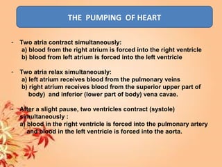 THE PUMPING OF HEART
- Two atria contract simultaneously:
a) blood from the right atrium is forced into the right ventricle
b) blood from left atrium is forced into the left ventricle
- Two atria relax simultaneously:
a) left atrium receives blood from the pulmonary veins
b) right atrium receives blood from the superior upper part of
body) and inferior (lower part of body) vena cavae.
- After a slight pause, two ventricles contract (systole)
simultaneously :
a) blood in the right ventricle is forced into the pulmonary artery
and blood in the left ventricle is forced into the aorta.
 