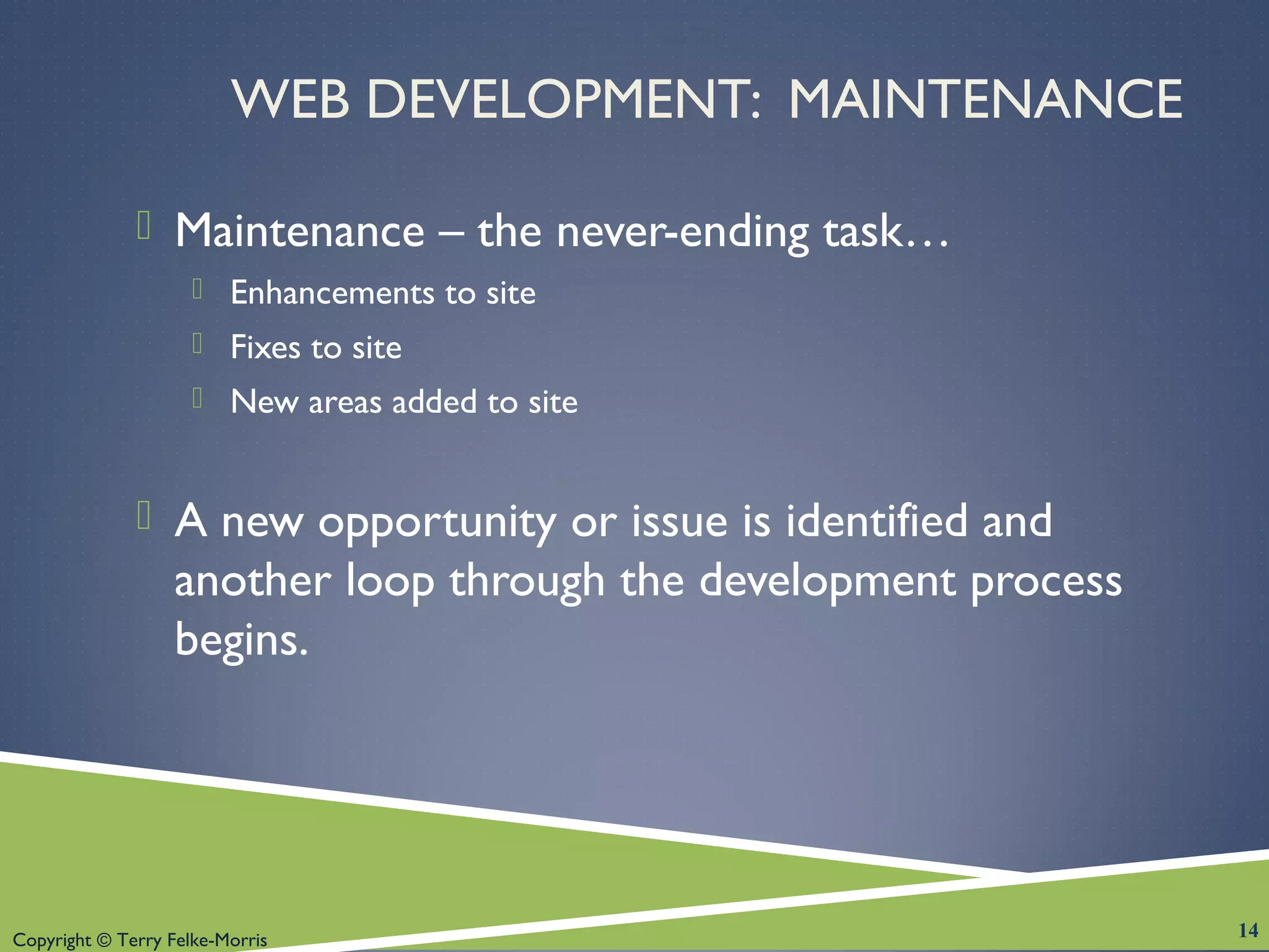 Copyright © Terry Felke-Morris
WEB DEVELOPMENT: MAINTENANCE
 Maintenance – the never-ending task…
 Enhancements to site
 Fixes to site
 New areas added to site
 A new opportunity or issue is identified and
another loop through the development process
begins.
14
 
