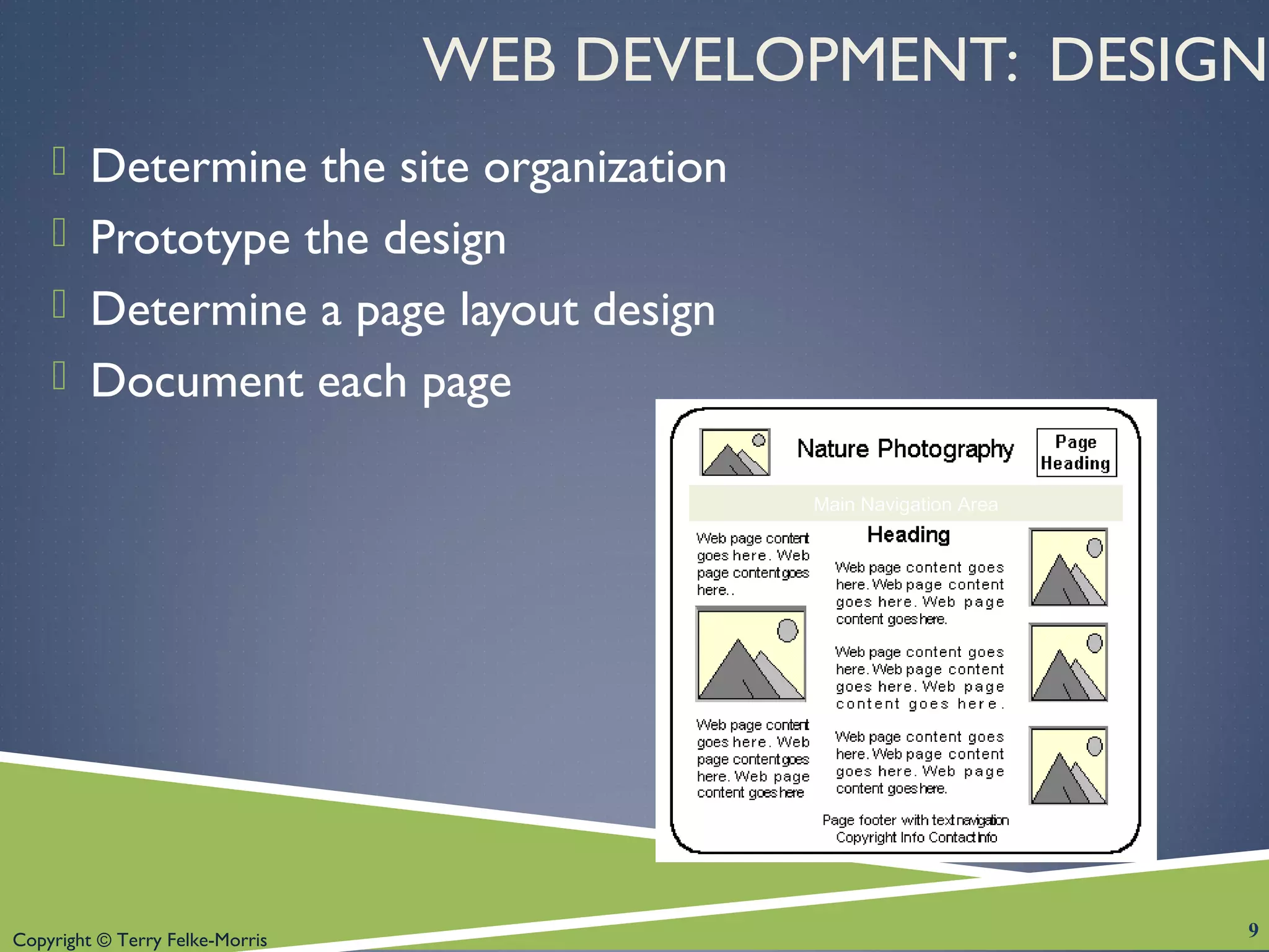 Copyright © Terry Felke-Morris
WEB DEVELOPMENT: DESIGN
 Determine the site organization
 Prototype the design
 Determine a page layout design
 Document each page
9
Main Navigation Area
 