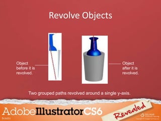 Revolve Objects
Two grouped paths revolved around a single y-axis.
Object
before it is
revolved.
Object
after it is
revolved.
 