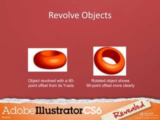 Revolve Objects
Object revolved with a 90-
point offset from its Y-axis
Rotated object shows
90-point offset more clearly
 