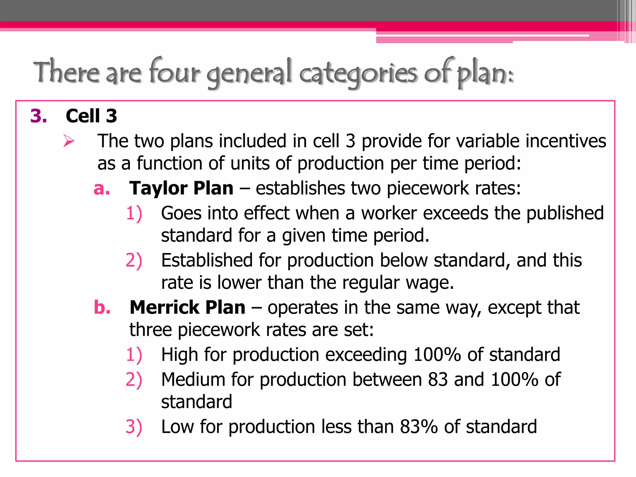 There are four general categories of plan:
3. Cell 3
The two plans included in cell 3 provide for variable incentives
as a function of units of production per time period:
a. Taylor Plan – establishes two piecework rates:
1) Goes into effect when a worker exceeds the published
standard for a given time period.
2) Established for production below standard, and this
rate is lower than the regular wage.
b. Merrick Plan – operates in the same way, except that
three piecework rates are set:
1) High for production exceeding 100% of standard
2) Medium for production between 83 and 100% of
standard
3) Low for production less than 83% of standard