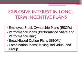 • Employee Stock Ownership Plans (ESOPs)
• Performance Plans (Performance Share and
Performance Unit)
• Broad-Based Option Plans (BBOPs)
• Combination Plans: Mixing Individual and
Group

 