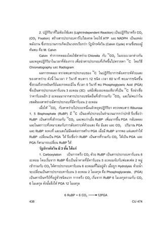 2. ปฏิกรยาทีไม่ตองใช้แสง (Light-Independent Reaction) เป็ นปฏิกรยาตรึง CO2
ิิ ่ ้
ิิ
(CO2 Fixation) สร้างสารประกอบคาร์โบไฮเดรต โดยใช้ ATP และ NADPH เป็ นแหล่ง
พลังงาน ซึงกระบวนการเกิดเป็ นวงจรเรียกว่า วัฎจักรคัลวิน (Calvin Cycle) ตามชือของผู้
่
่
ค้นพบ คือ M. Calvin
Calvin ทําการทดลองโดยใช้สาหร่าย Chlorella กับ 14CO2 ในระยะเวลาต่างกัน
และหยุดปฏิกรยาในเวลาทีตองการ เพือนําสารประกอบทีเกิดขึนไปตรวจหา 14C โดยวิธี
ิิ
่ ้
่
่
้
Chromatography และ Radiogram
ิิ
้
ผลการทดลอง ตรวจพบสารประกอบของ 14C ในปฏิกรยาการสังเคราะห์ดวยแสง
ของสาหร่า ย ดังนี้ ในเวลา 7 วิน าที พบสาร 12 ชนิด เวลา 60 นาที พบมากชนิด ขึ้น
ซึงรวมถึงกรดอินทรียและกรดอะมิโน ทีเวลา 5 วินาที พบ Phosphoglyceric Acid (PGA)
่
์
่
ซึงเป็ นสารประกอบคาร์บอน 3 อะตอม (3C) แต่มเี พียงอะตอมเดียวทีเป็ น 14C จึงน่าเชื่อ
่
่
ว่าคาร์บอนอีก 2 อะตอมมาจากสารประกอบชนิดอื่นทีเข้ารวมกับ 14CO2 และไม่พบว่าใน
่
เซลล์ของสาหร่ายมีสารประกอบทีมคาร์บอน 2 อะตอม
่ ี
14
ิิ
เมือให้ CO2 กับสาหร่ายไประยะหนึ่งแล้วหยุดปฏิกรยา ตรวจพบสาร Riburose
่
่
1, 5 Bisphosphate (RuBP) มี 14C เป็ นองค์ประกอบในจํานวนมากกว่าปกติ จึงเชือว่า
14
่
่
้
RuBP เป็ นสารทีเข้ารวมกับ CO2 และพบว่าเมือ RuBP เพิมมากขึน PGA กลับลดลง
่
และในสภาวะทีเหมาะสมกับการสังเคราะห์ดวยแสง คือ มีแสง และ CO2 ปริมาณ PGA
่
้
และ RuBP จะคงที่ และแสงไม่มผลต่อการสร้าง PGA เมือมี RuBP มากพอ แต่แสงทําให้
ี
่
RuBP เปลียนเป็ น PGA ได้ จึงเชือว่า RuBP เป็ นสารทีรวมกับ CO2 ได้เป็ น PGA และ
่
่
่
PGA ก็สามารถเปลียน RuBP ได้
่
วัฎจักรคัลวิ น มี 3 ขัน ได้แก่
้
1. Carboxylation เป็ นการตรึง CO2 ด้วย RuBP เป็ นสารประกอบคาร์บอน 6
อะตอม โดยเริมจาก RuBP ซึ่งเป็ นนํ้ าตาลที่มคาร์บอน 5 อะตอมจับกับฟอสเฟต 2 หมู่
่
ี
่
ั ่
เข้ารวมกับ CO2 ได้สารประกอบคาร์บอน 6 อะตอมทีไม่อยู่ตว เมือถูก Hydrolysis ด้วยนํ้า
จะเปลียนเป็ นสารประกอบคาร์บอน 3 อะตอม 2 โมเลกุล คือ Phosphoglycerate, (PGA)
่
่
เป็ นสารอินทรีย์ท่อยู่ตวชนิดแรก การตรึง CO2 เริมจาก RuBP 6 โมเลกุลรวมกับ CO2
ี ั
6 โมเลกุล ดังนันจึงได้ PGA 12 โมเลกุล
้
6 RuBP + 6 CO2
438

12PGA
CU 474

 