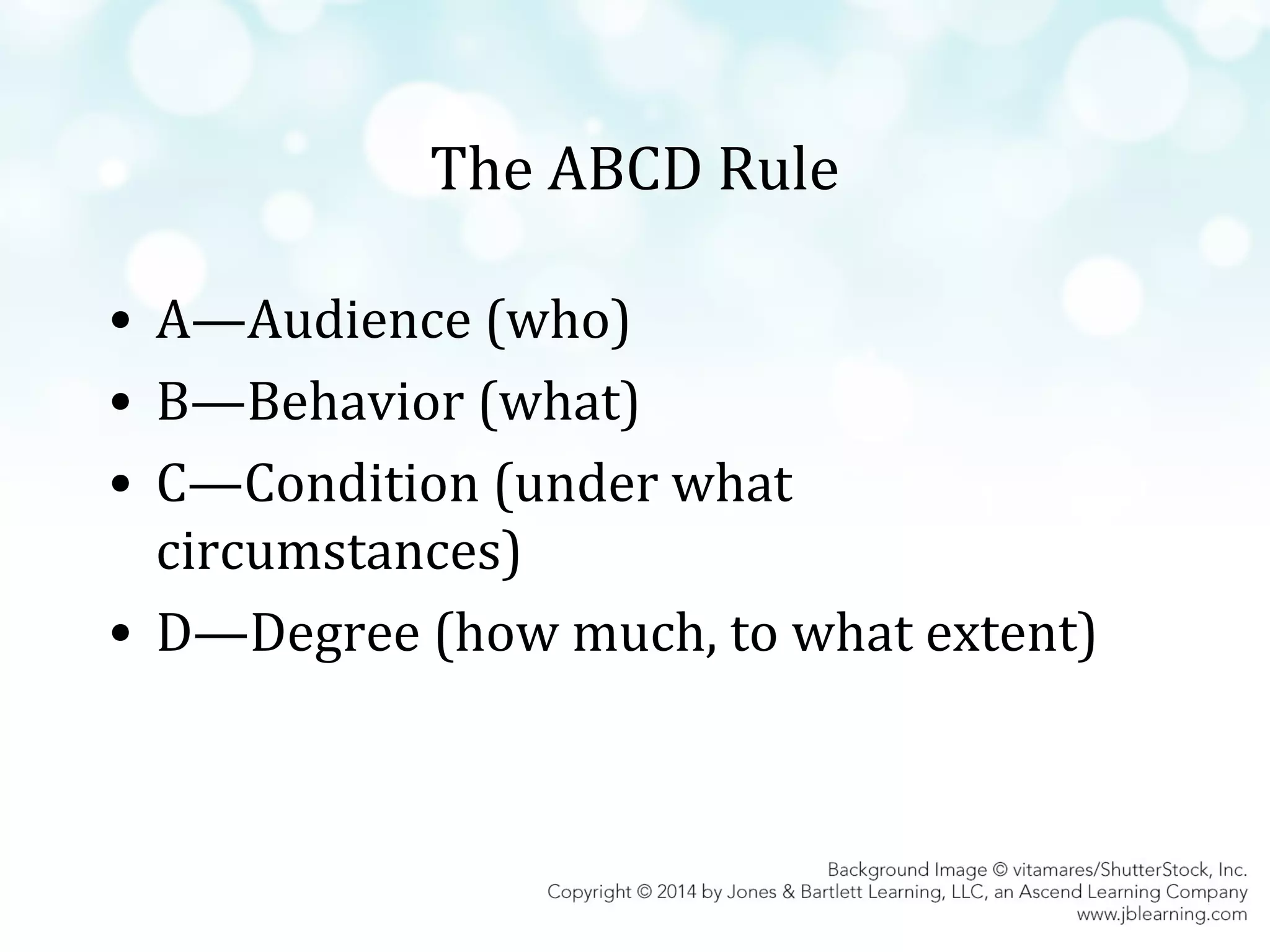 The ABCD Rule
• A—Audience (who)
• B—Behavior (what)
• C—Condition (under what
circumstances)
• D—Degree (how much, to what extent)

 
