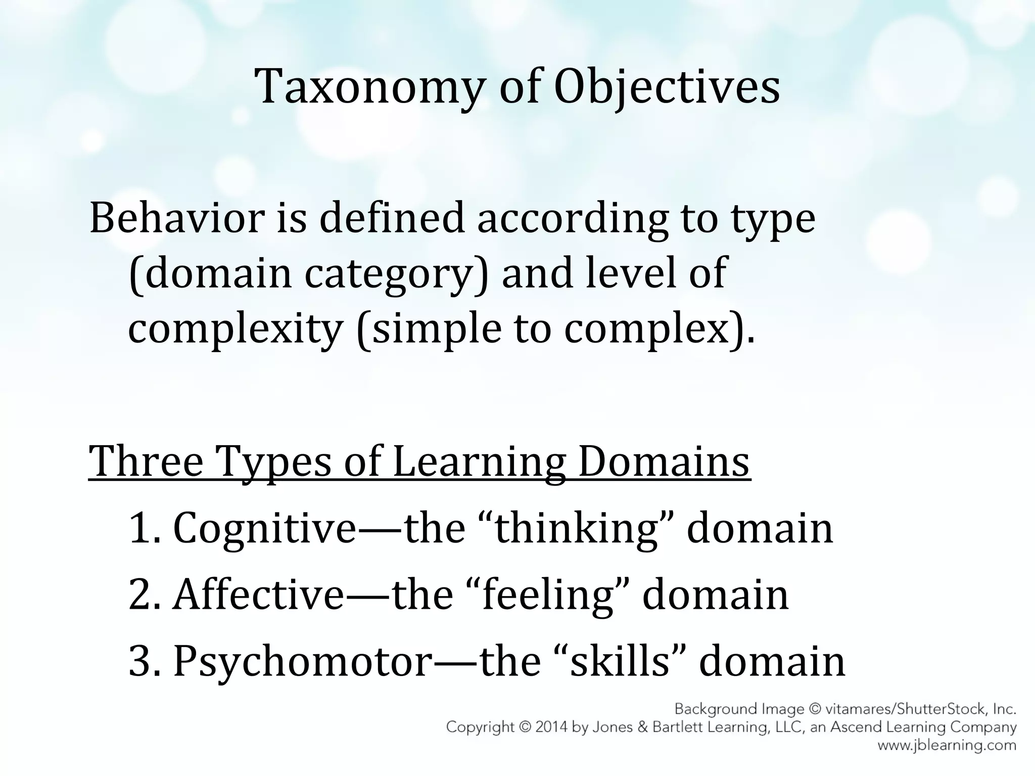 Taxonomy of Objectives
Behavior is defined according to type
(domain category) and level of
complexity (simple to complex).
Three Types of Learning Domains
1. Cognitive—the “thinking” domain
2. Affective—the “feeling” domain
3. Psychomotor—the “skills” domain

 