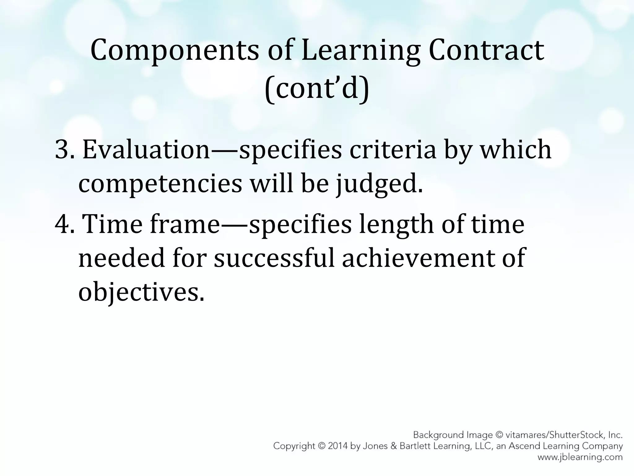 Components of Learning Contract
(cont’d)
3. Evaluation—specifies criteria by which
competencies will be judged.
4. Time frame—specifies length of time
needed for successful achievement of
objectives.

 