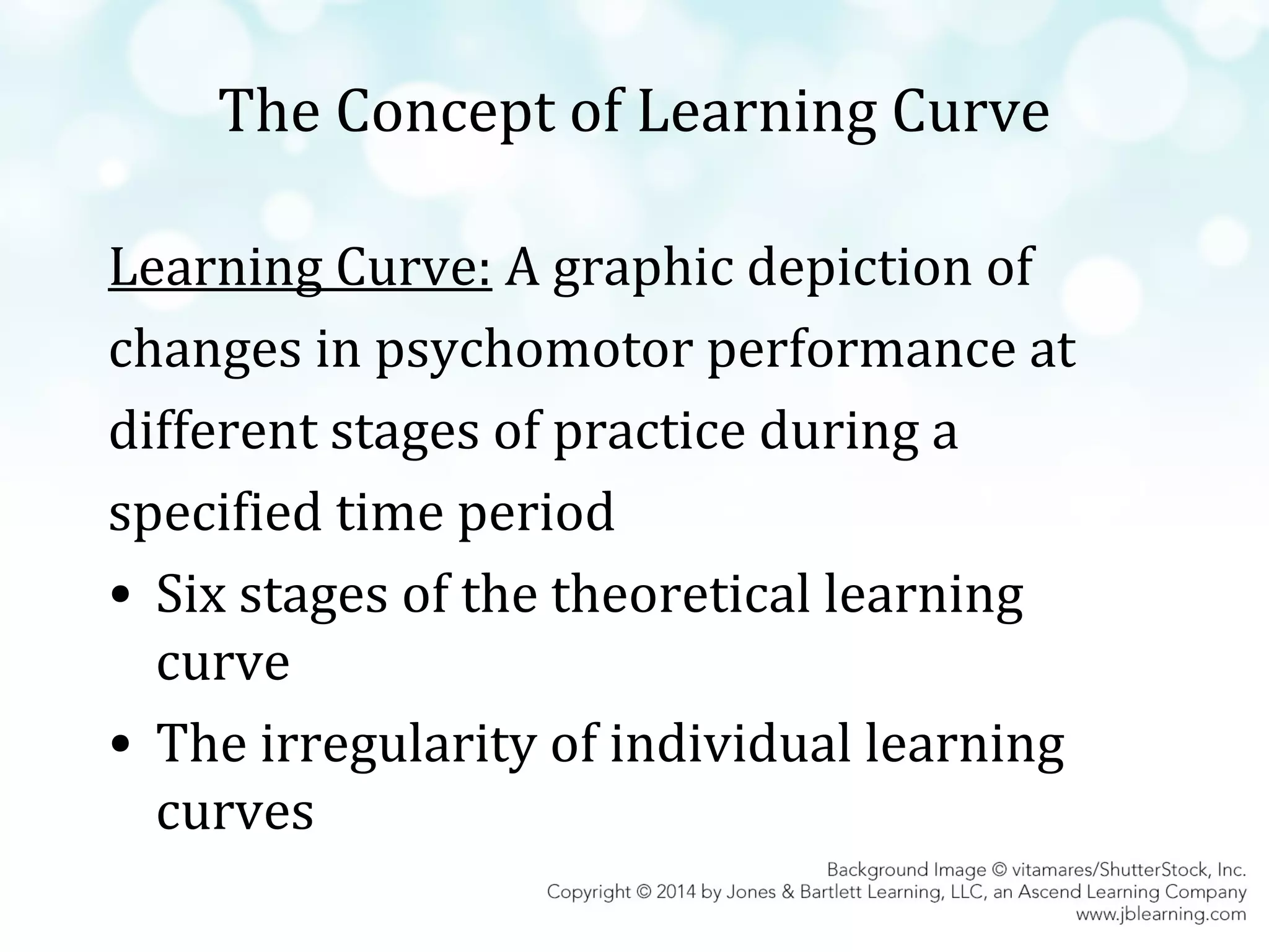 The Concept of Learning Curve
Learning Curve: A graphic depiction of
changes in psychomotor performance at
different stages of practice during a
specified time period
• Six stages of the theoretical learning
curve
• The irregularity of individual learning
curves

 