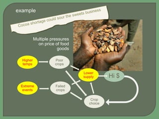 example

Multiple pressures
on price of food
goods
Higher
temps

text

Poor
crops
Lower
supply

Extreme
events

Failed
crops
Crop
choice

Hi $

 