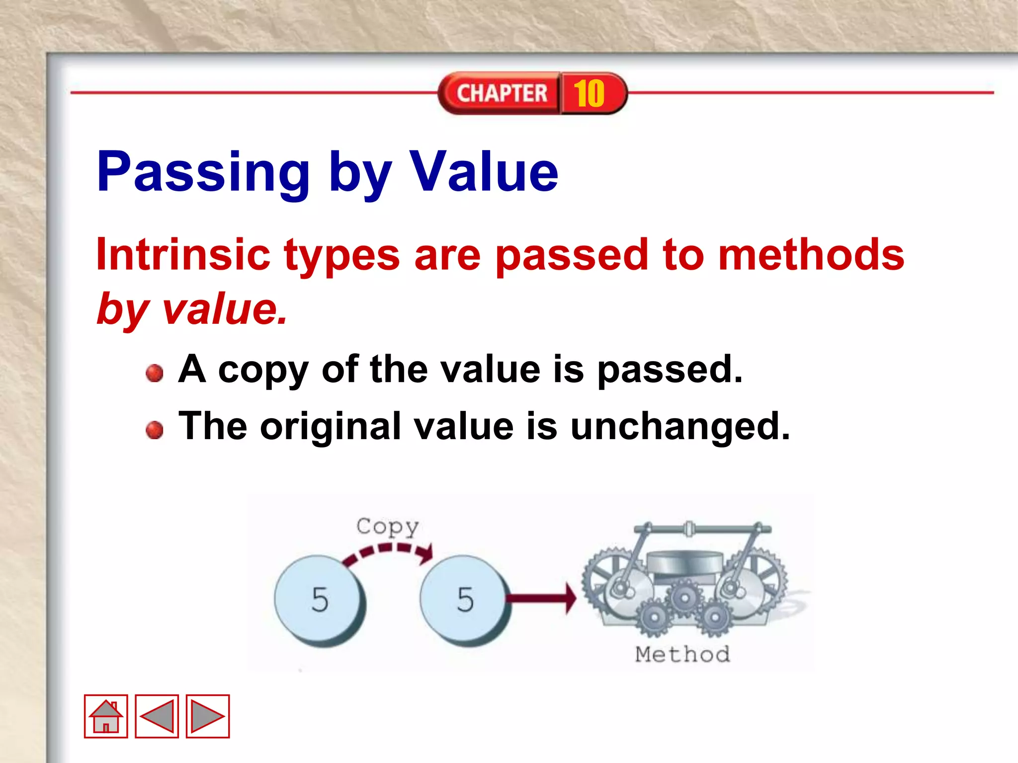 10
Passing by Value
Intrinsic types are passed to methods
by value.
A copy of the value is passed.
The original value is unchanged.
 