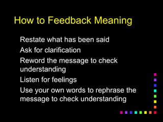 How to Feedback MeaningHow to Feedback Meaning
Restate what has been saidRestate what has been said
Ask for clarificationAsk for clarification
Reword the message to checkReword the message to check
understandingunderstanding
Listen for feelingsListen for feelings
Use your own words to rephrase theUse your own words to rephrase the
message to check understandingmessage to check understanding
 