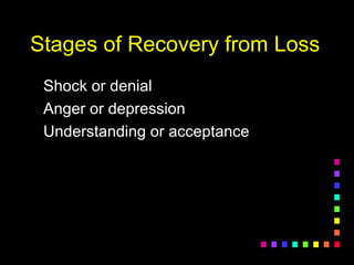 Stages of Recovery from LossStages of Recovery from Loss
Shock or denialShock or denial
Anger or depressionAnger or depression
Understanding or acceptanceUnderstanding or acceptance
 