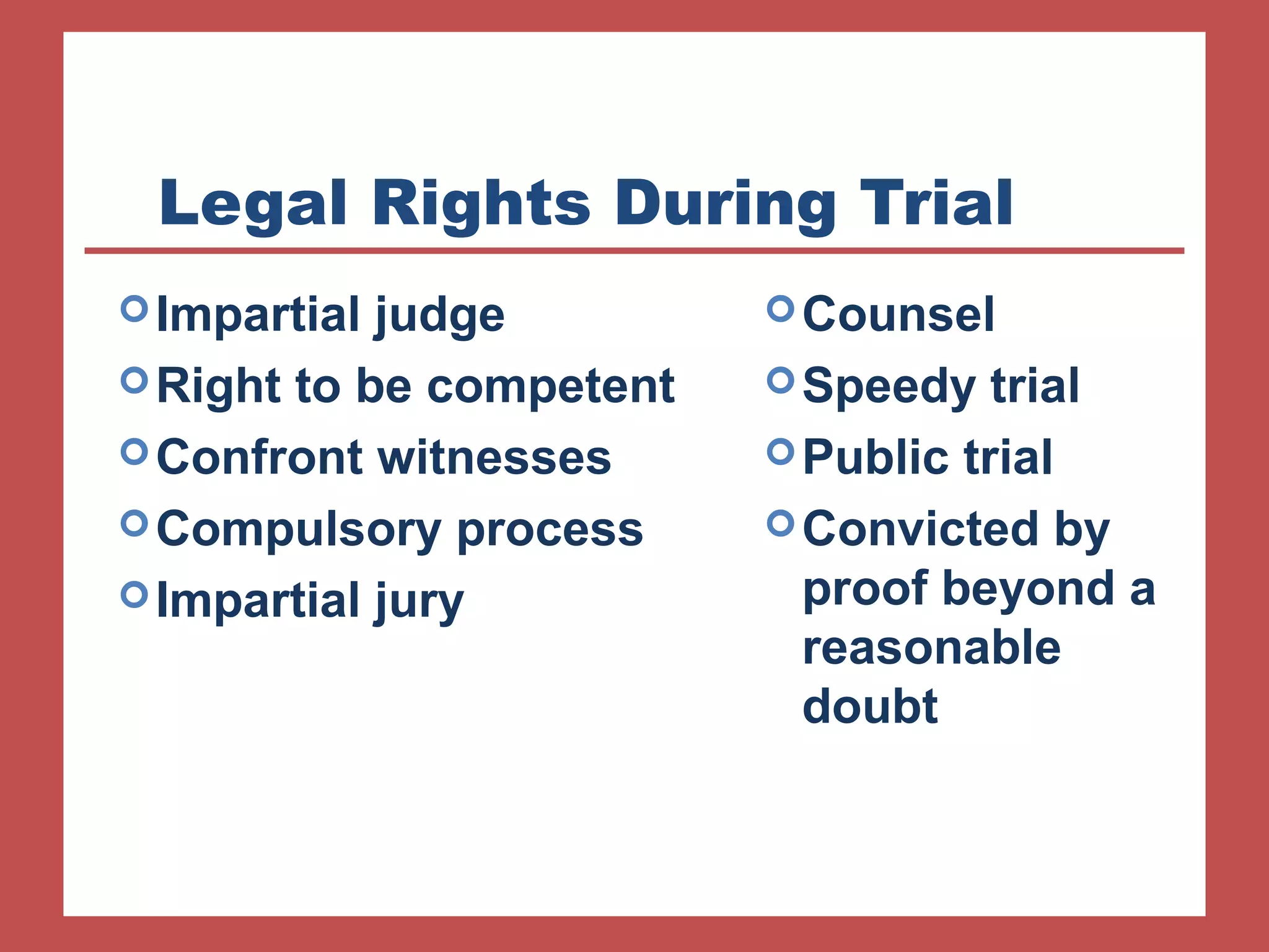 Legal Rights During Trial 
Counsel 
Speedy trial 
Public trial 
Convicted by 
proof beyond a 
reasonable 
doubt 
Impartial judge 
Right to be competent 
Confront witnesses 
Compulsory process 
Impartial jury 
 