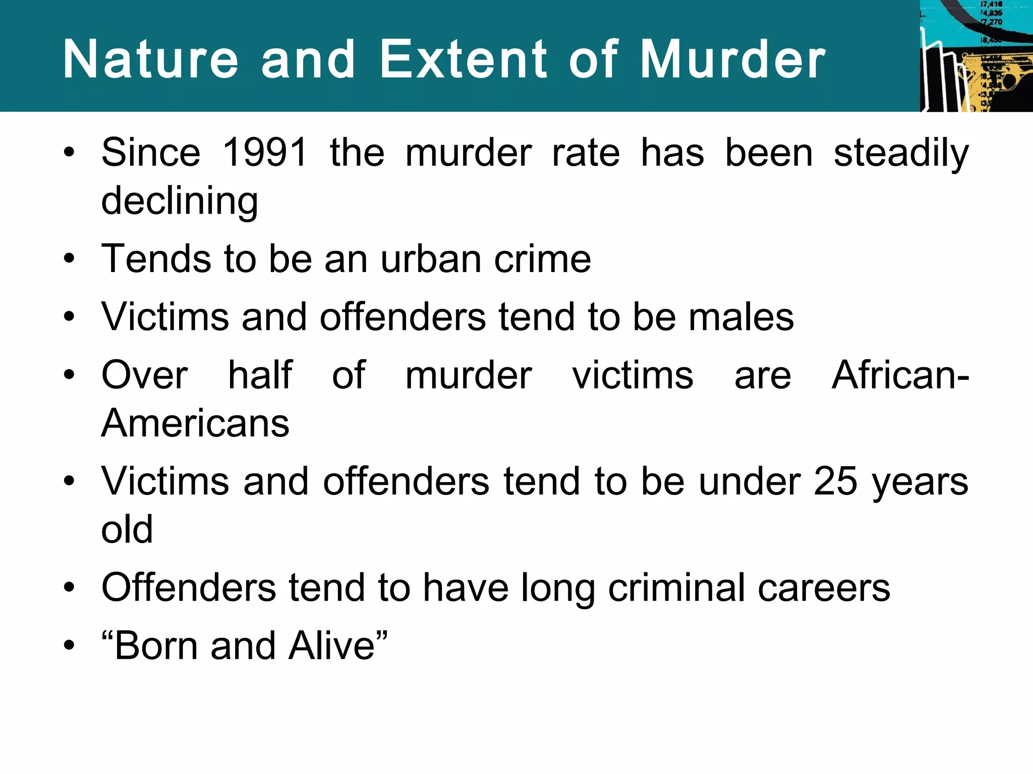 Nature and Extent of Murder 
• Since 1991 the murder rate has been steadily 
declining 
• Tends to be an urban crime 
• Victims and offenders tend to be males 
• Over half of murder victims are African- 
Americans 
• Victims and offenders tend to be under 25 years 
old 
• Offenders tend to have long criminal careers 
• “Born and Alive” 
 