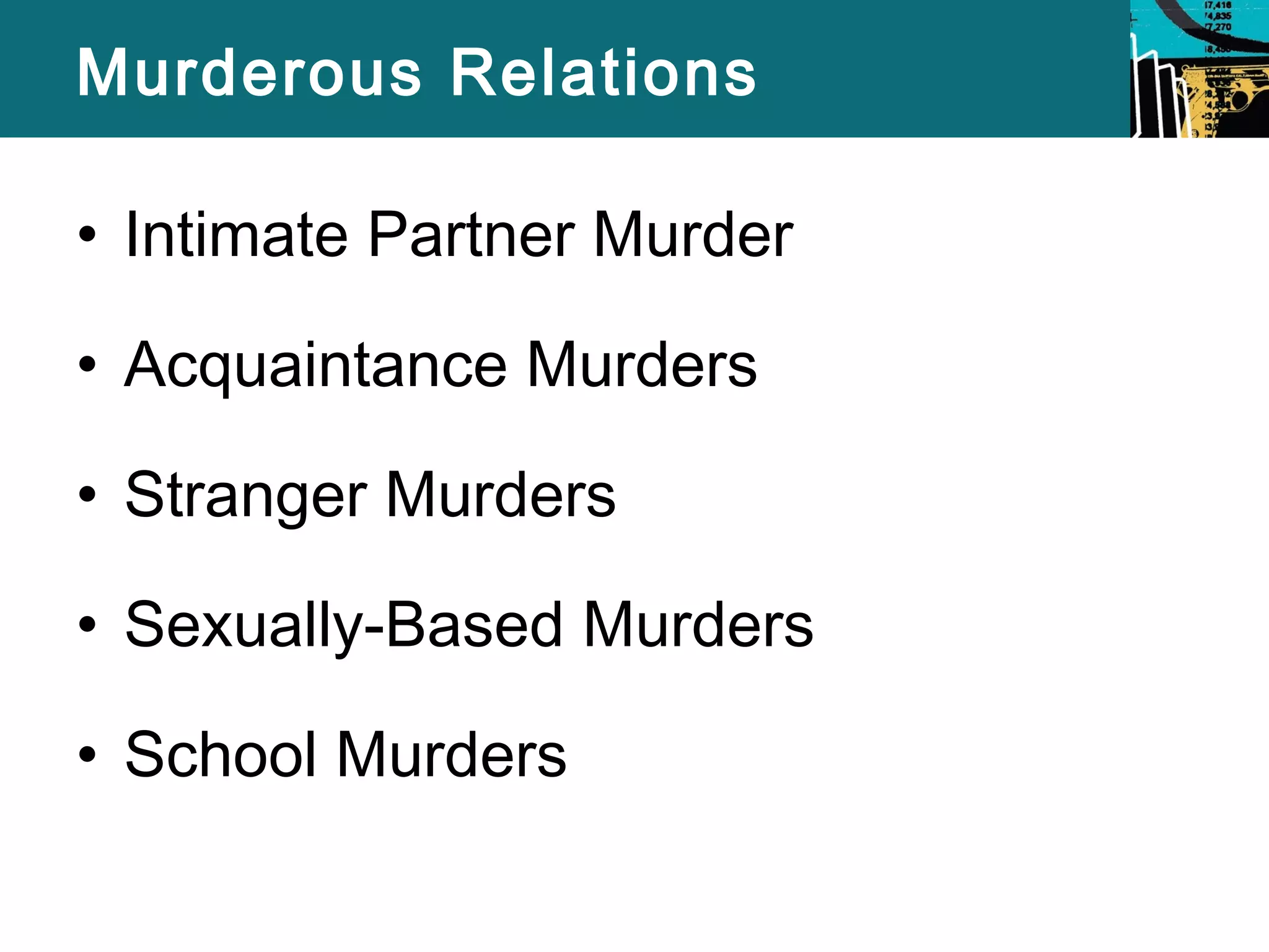 Murderous Relations 
• Intimate Partner Murder 
• Acquaintance Murders 
• Stranger Murders 
• Sexually-Based Murders 
• School Murders 
 