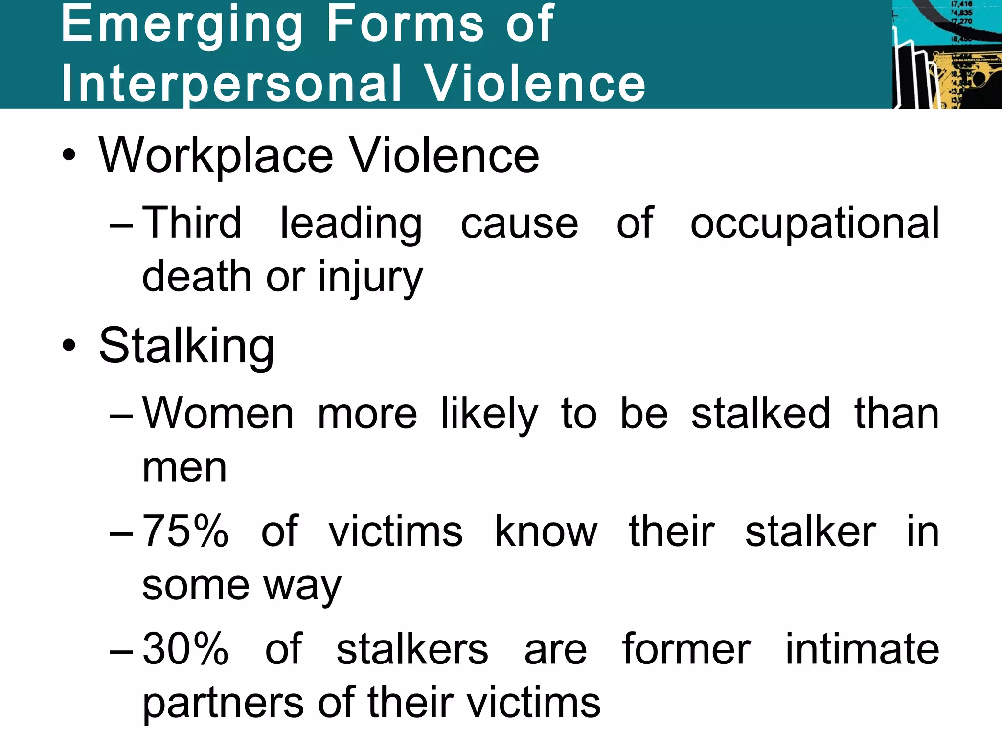 Emerging Forms of 
Interpersonal Violence 
• Workplace Violence 
– Third leading cause of occupational 
death or injury 
• Stalking 
– Women more likely to be stalked than 
men 
– 75% of victims know their stalker in 
some way 
– 30% of stalkers are former intimate 
partners of their victims 
