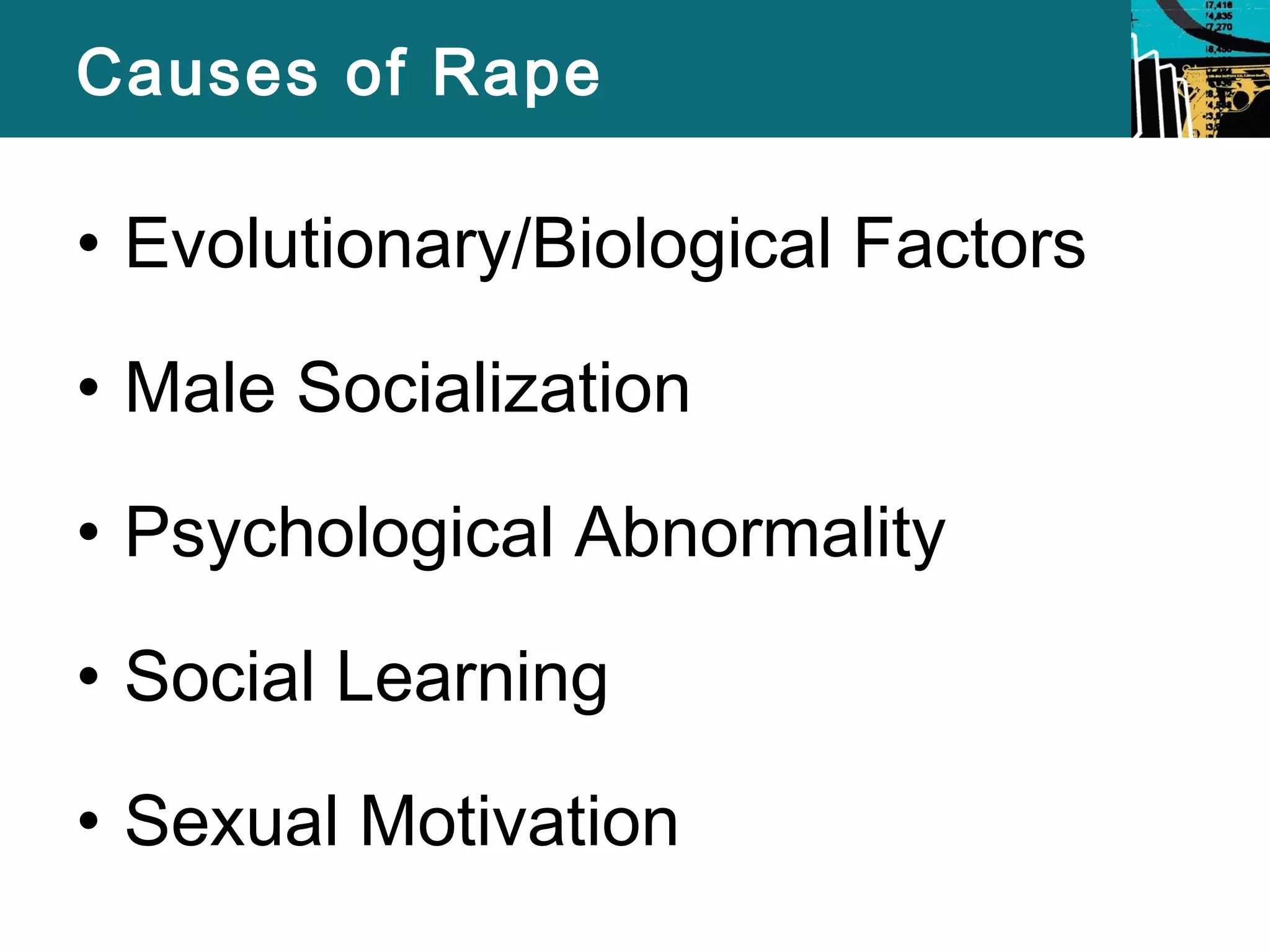 Causes of Rape 
• Evolutionary/Biological Factors 
• Male Socialization 
• Psychological Abnormality 
• Social Learning 
• Sexual Motivation 
 