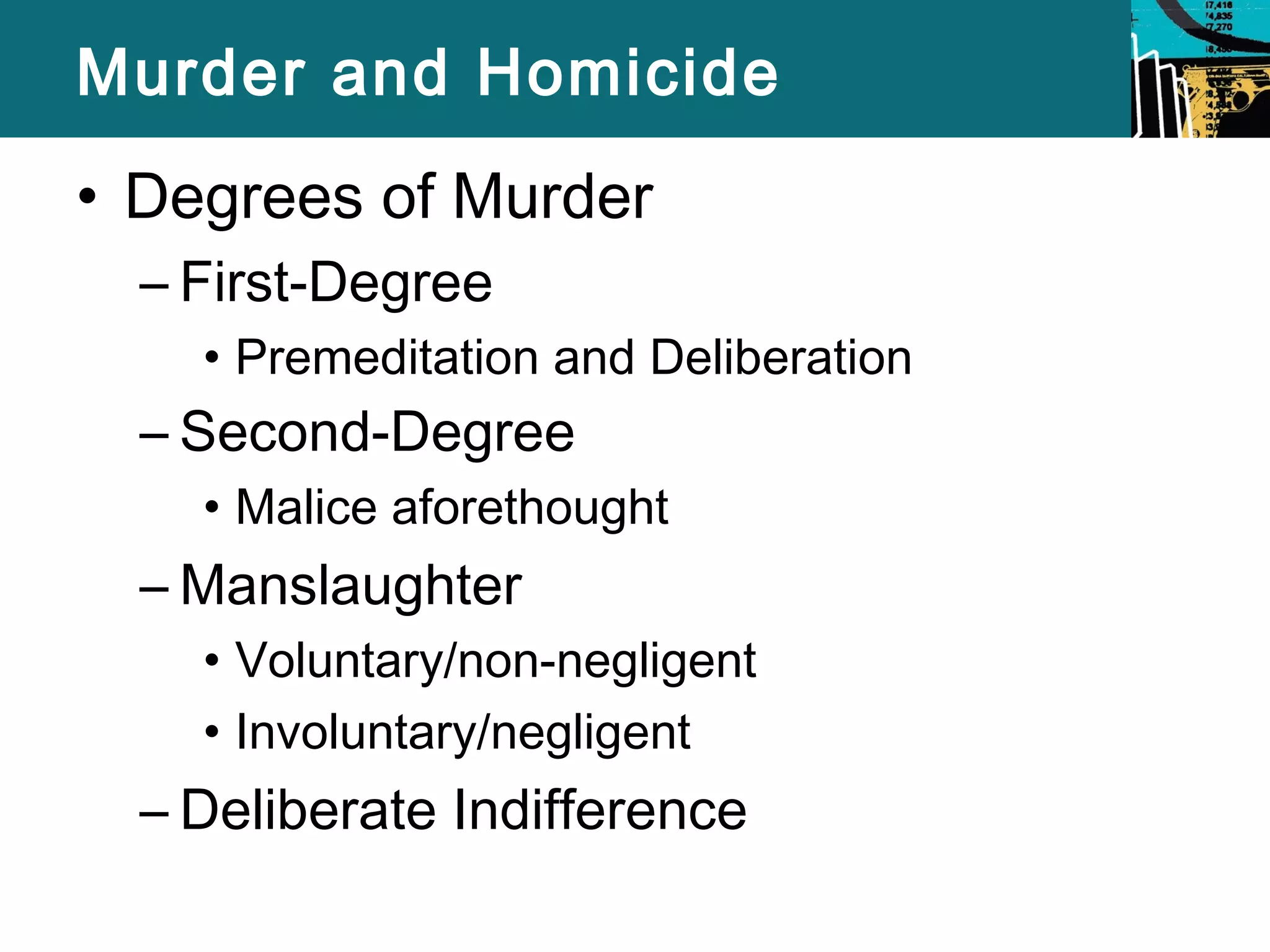 Murder and Homicide 
• Degrees of Murder 
– First-Degree 
• Premeditation and Deliberation 
– Second-Degree 
• Malice aforethought 
–Manslaughter 
• Voluntary/non-negligent 
• Involuntary/negligent 
– Deliberate Indifference 
 