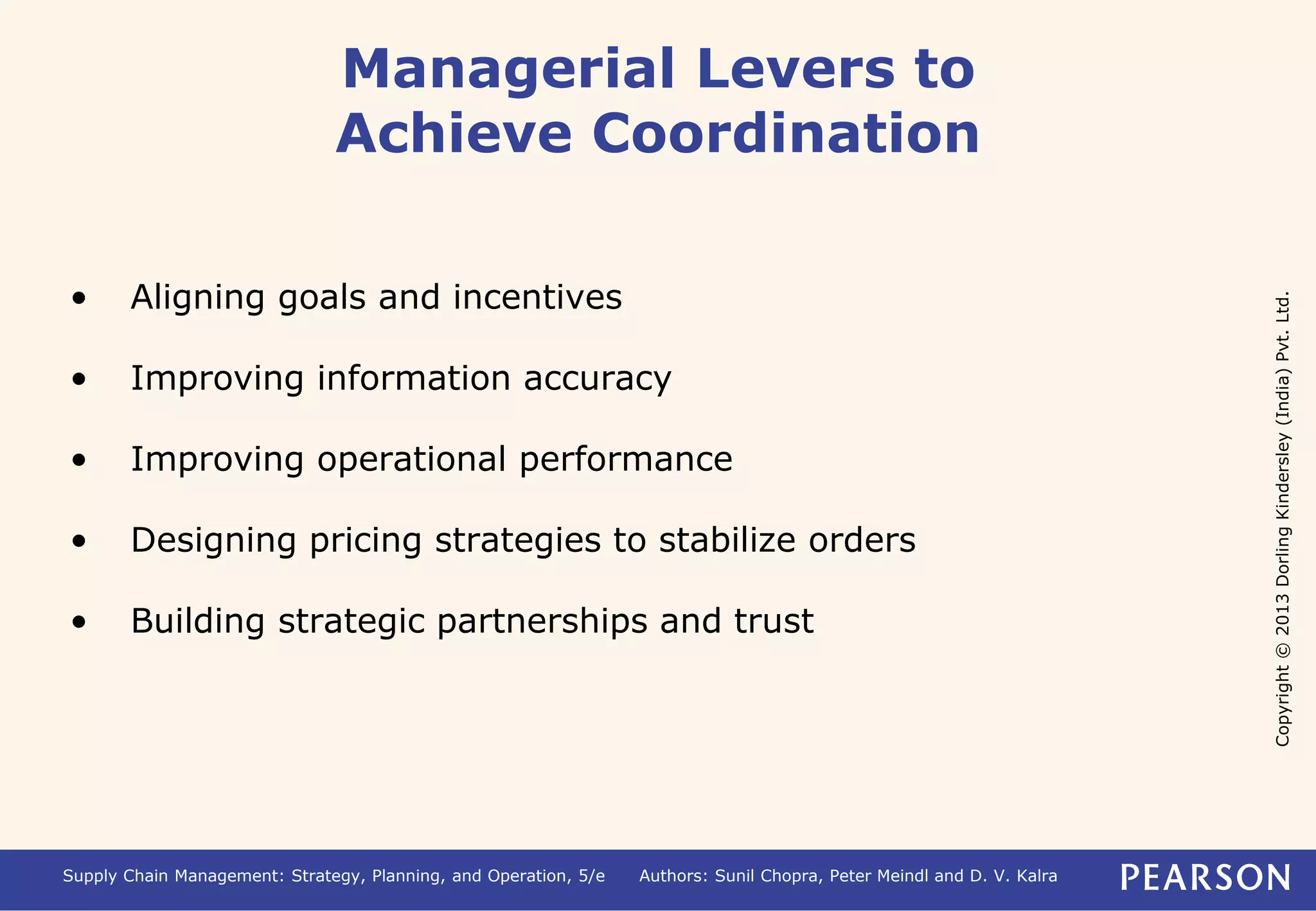 Copyright © 2013 Dorling Kindersley (India) Pvt. Ltd. 
Managerial Levers to 
Achieve Coordination 
• Aligning goals and incentives 
• Improving information accuracy 
• Improving operational performance 
• Designing pricing strategies to stabilize orders 
• Building strategic partnerships and trust 
Supply Chain Management: Strategy, Planning, and Operation, 5/e Authors: Sunil Chopra, Peter Meindl and D. V. Kalra 
 