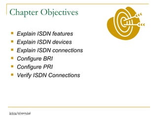 Release 16/07/2009Jetking Infotrain Ltd.
Chapter Objectives
 Explain ISDN features
 Explain ISDN devices
 Explain ISDN connections
 Configure BRI
 Configure PRI
 Verify ISDN Connections
 