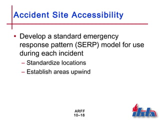 ARFF
10–18
Accident Site Accessibility
• Develop a standard emergency
response pattern (SERP) model for use
during each incident
– Standardize locations
– Establish areas upwind
 