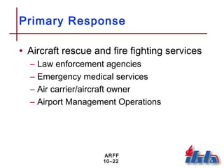 ARFF
10–22
Primary Response
• Aircraft rescue and fire fighting services
– Law enforcement agencies
– Emergency medical services
– Air carrier/aircraft owner
– Airport Management Operations
 