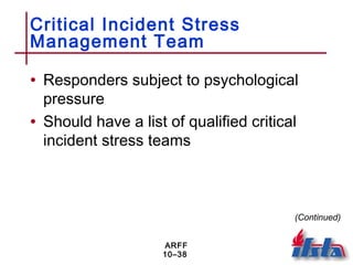 ARFF
10–38
Critical Incident Stress
Management Team
• Responders subject to psychological
pressure
• Should have a list of qualified critical
incident stress teams
(Continued)
 