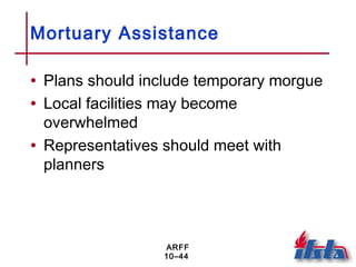 ARFF
10–44
Mortuary Assistance
• Plans should include temporary morgue
• Local facilities may become
overwhelmed
• Representatives should meet with
planners
 