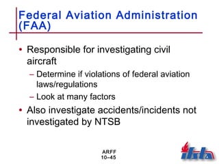 ARFF
10–45
Federal Aviation Administration
(FAA)
• Responsible for investigating civil
aircraft
– Determine if violations of federal aviation
laws/regulations
– Look at many factors
• Also investigate accidents/incidents not
investigated by NTSB
 