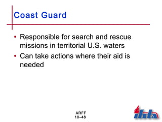 ARFF
10–48
Coast Guard
• Responsible for search and rescue
missions in territorial U.S. waters
• Can take actions where their aid is
needed
 