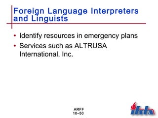 ARFF
10–50
Foreign Language Interpreters
and Linguists
• Identify resources in emergency plans
• Services such as ALTRUSA
International, Inc.
 