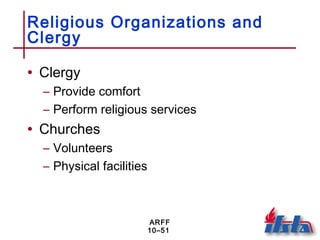 ARFF
10–51
Religious Organizations and
Clergy
• Clergy
– Provide comfort
– Perform religious services
• Churches
– Volunteers
– Physical facilities
 