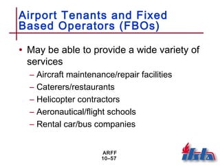 ARFF
10–57
Airport Tenants and Fixed
Based Operators (FBOs)
• May be able to provide a wide variety of
services
– Aircraft maintenance/repair facilities
– Caterers/restaurants
– Helicopter contractors
– Aeronautical/flight schools
– Rental car/bus companies
 