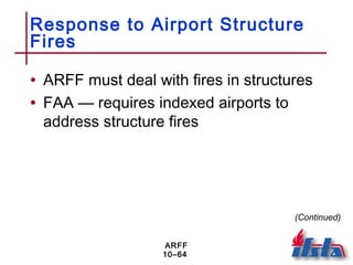 ARFF
10–64
Response to Airport Structure
Fires
• ARFF must deal with fires in structures
• FAA — requires indexed airports to
address structure fires
(Continued)
 