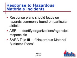 ARFF
10–67
Response to Hazardous
Materials Incidents
• Response plans should focus on
hazards commonly found on particular
airfield
• AEP — identify organizations/agencies
responsible
• SARA Title III — “Hazardous Material
Business Plans”
 