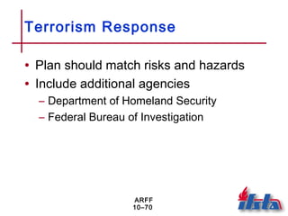 ARFF
10–70
Terrorism Response
• Plan should match risks and hazards
• Include additional agencies
– Department of Homeland Security
– Federal Bureau of Investigation
 