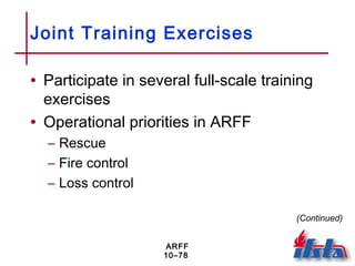 ARFF
10–78
Joint Training Exercises
• Participate in several full-scale training
exercises
• Operational priorities in ARFF
– Rescue
– Fire control
– Loss control
(Continued)
 